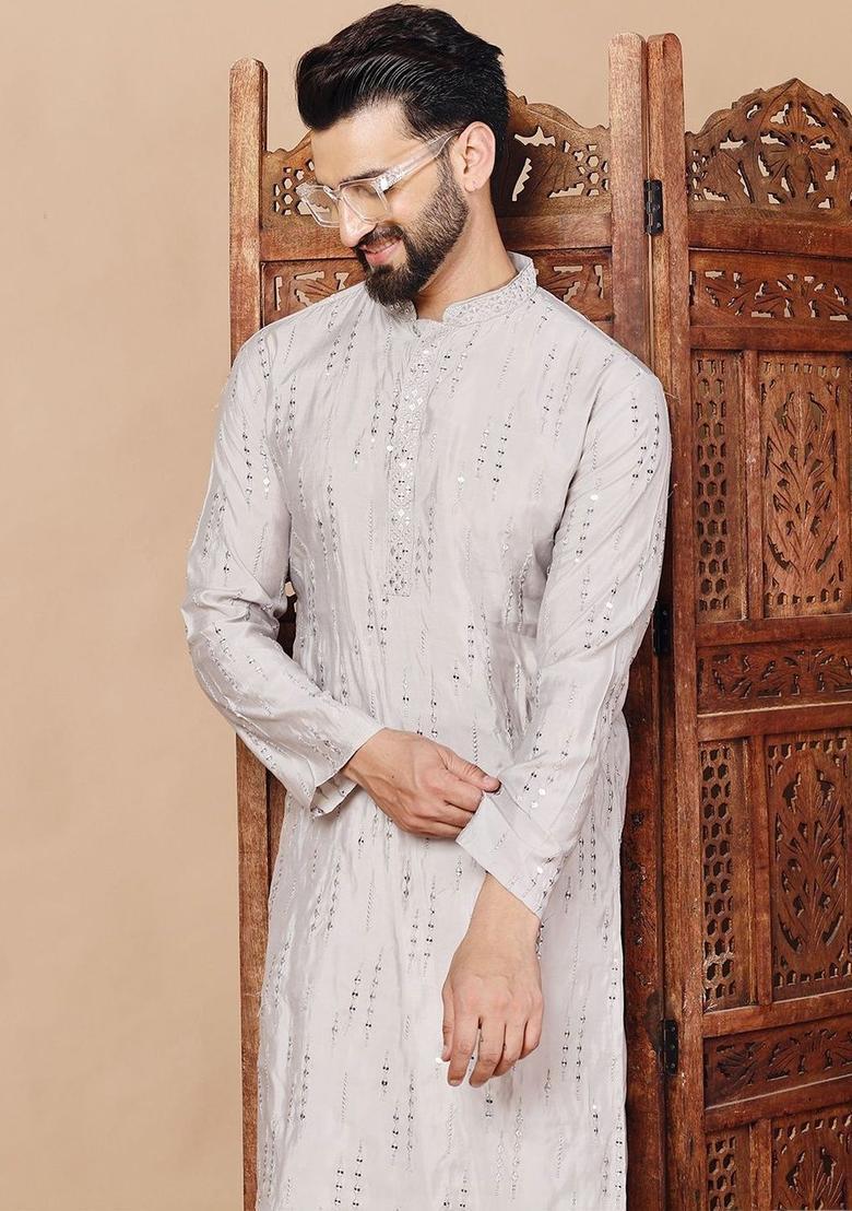 Grey Embroidered Viscose Kurta For Men - Indya
