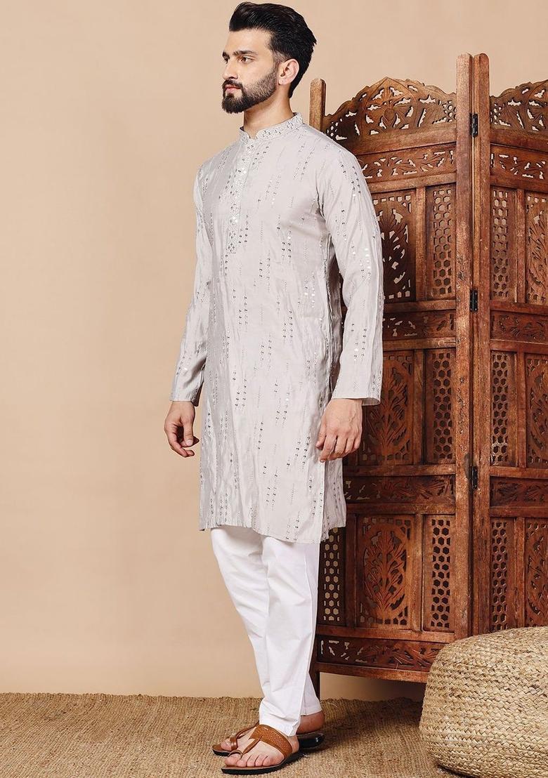 Grey Embroidered Viscose Kurta For Men - Indya