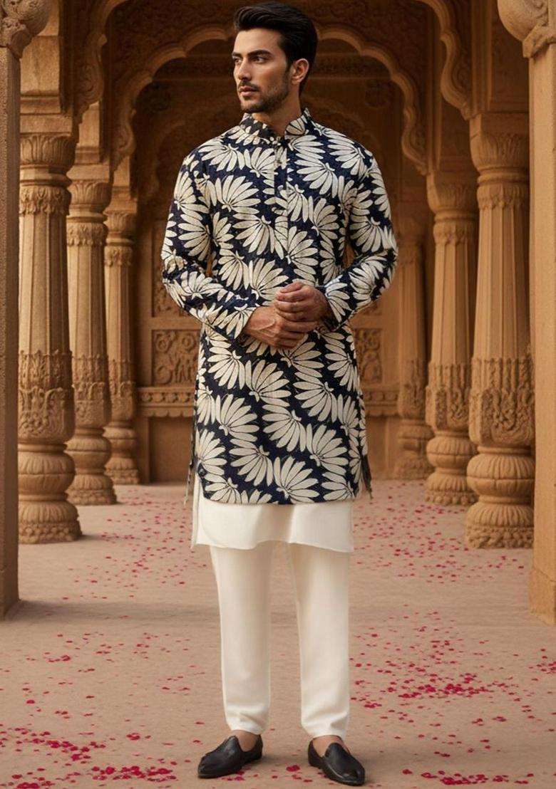 Multi Printed Jacquard Kurta For Men - Indya