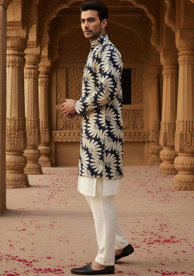 Multi Printed Jacquard Kurta For Men - Indya