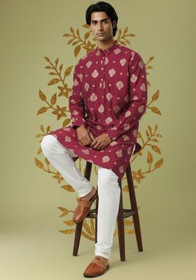 Maroon Printed Viscose Kurta For Men
