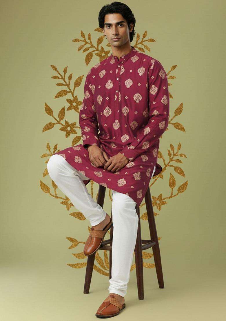 Maroon Printed Viscose Kurta For Men - Indya