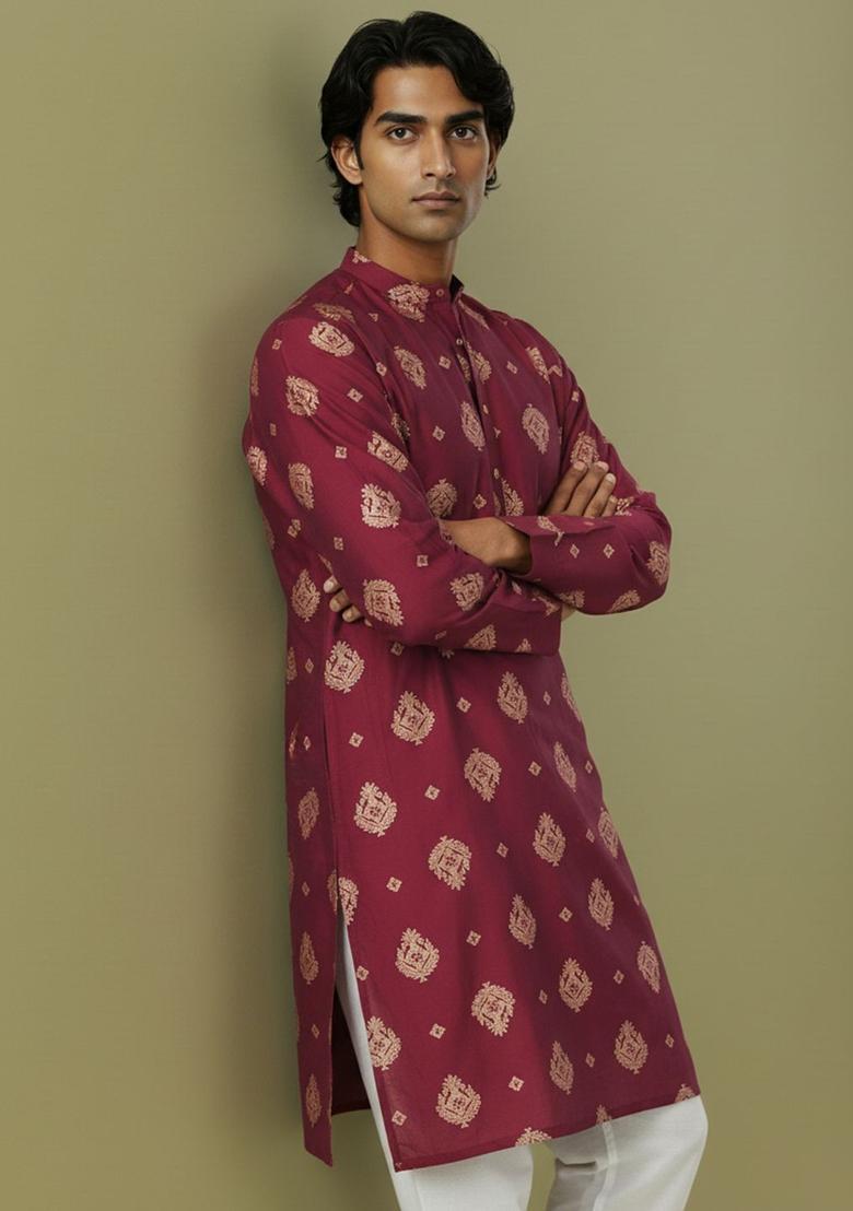 Maroon Printed Viscose Kurta For Men - Indya