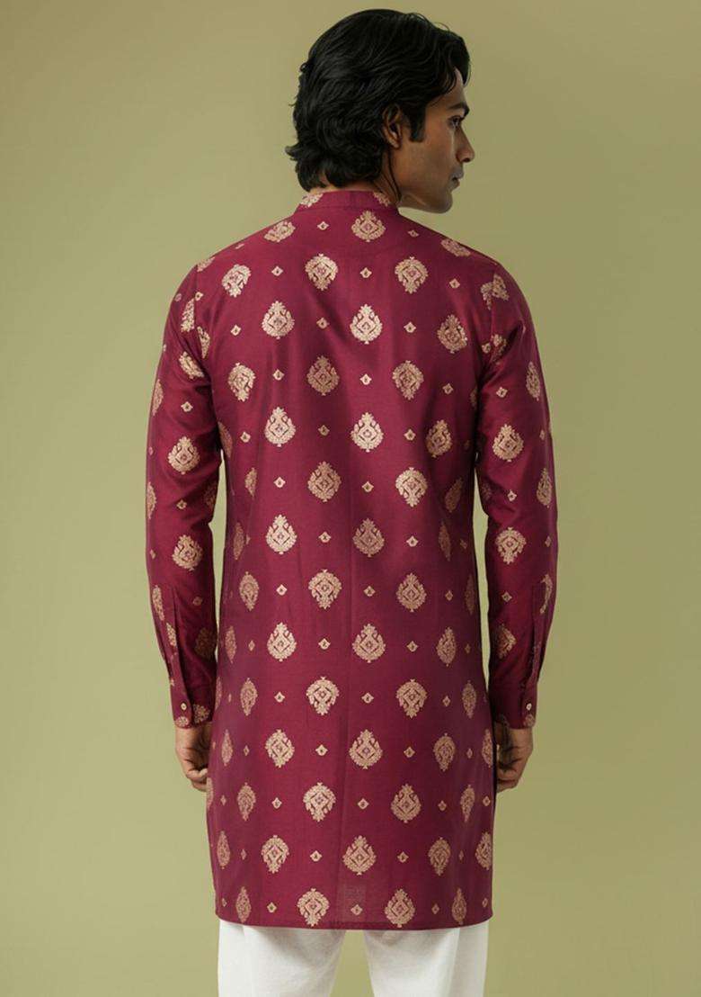 Maroon Printed Viscose Kurta For Men - Indya