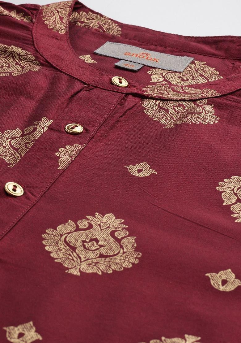 Maroon Printed Viscose Kurta For Men - Indya