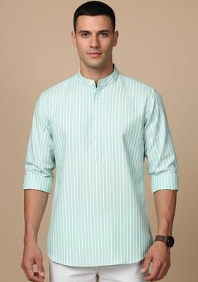 Green Striped Cotton Kurta For Men