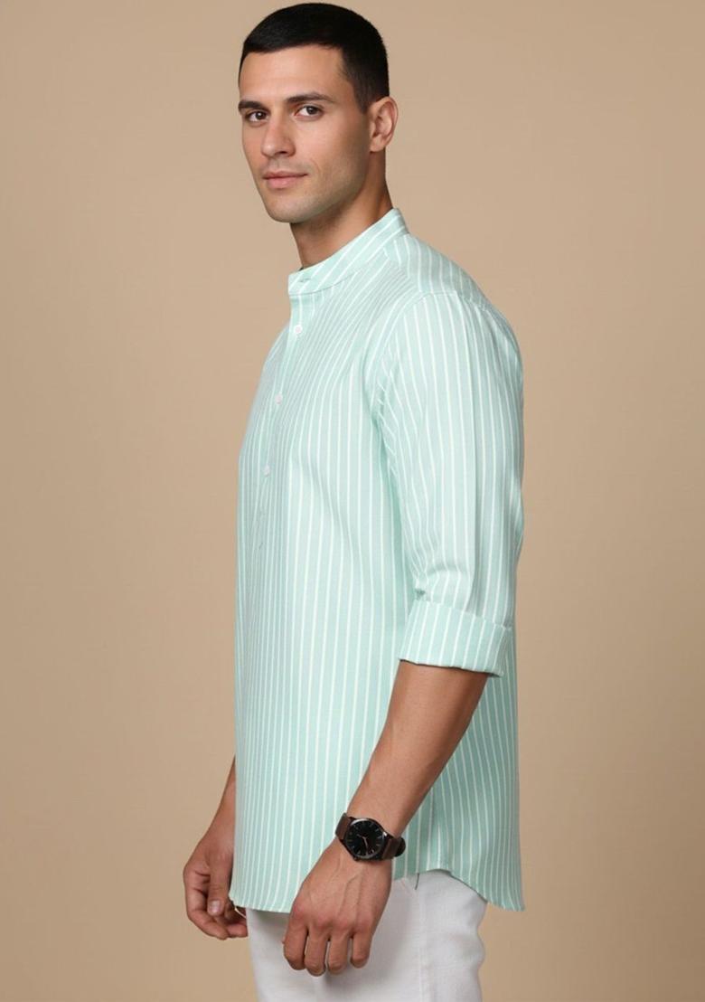 Green Striped Cotton Kurta For Men - Indya