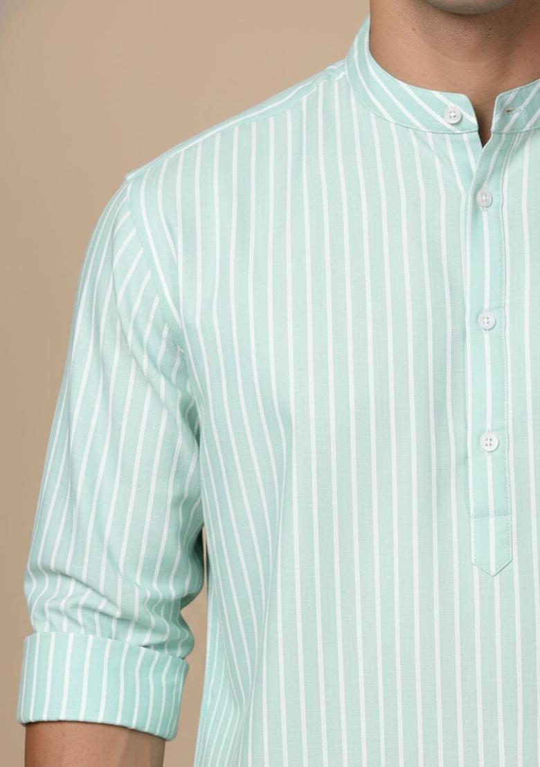 Green Striped Cotton Kurta For Men - Indya