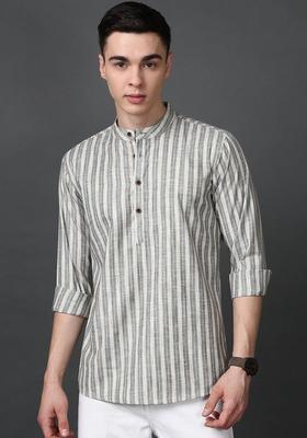 Grey Striped Cotton Kurta For Men