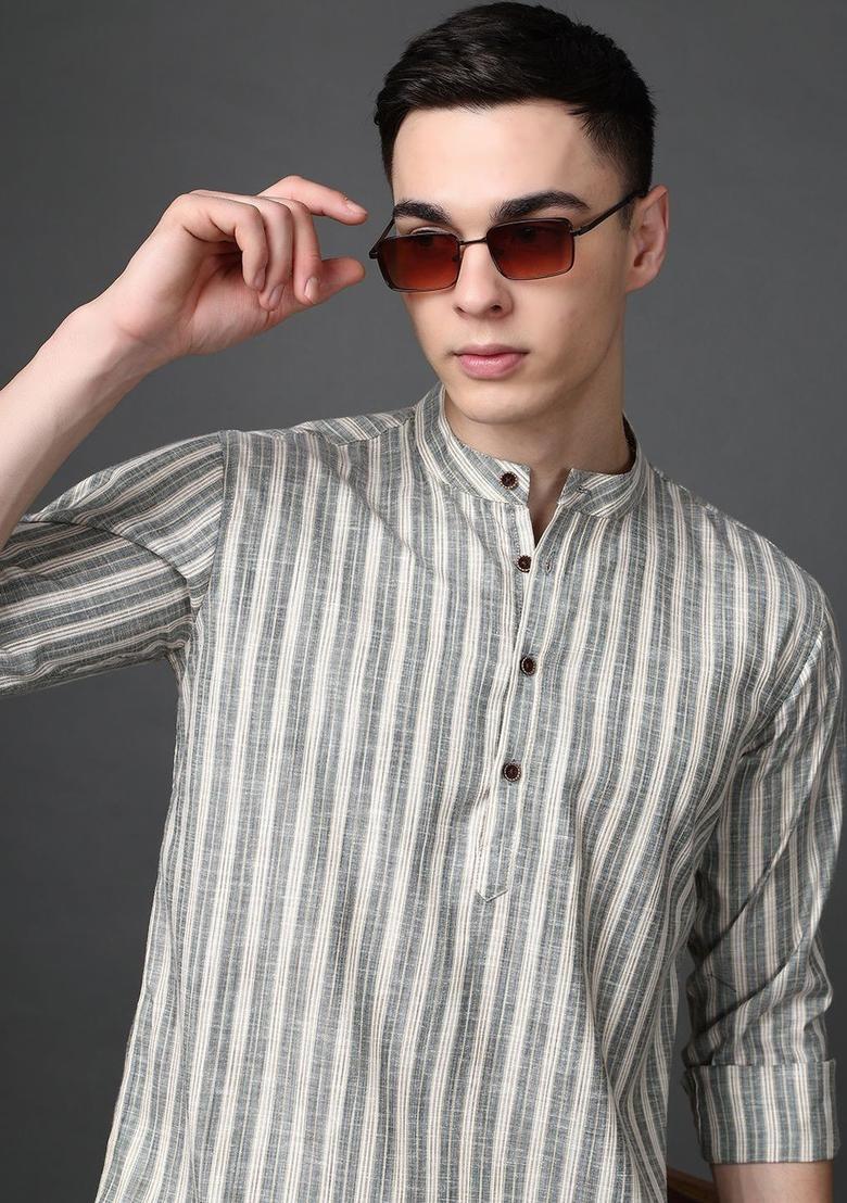 Grey Striped Cotton Kurta For Men - Indya