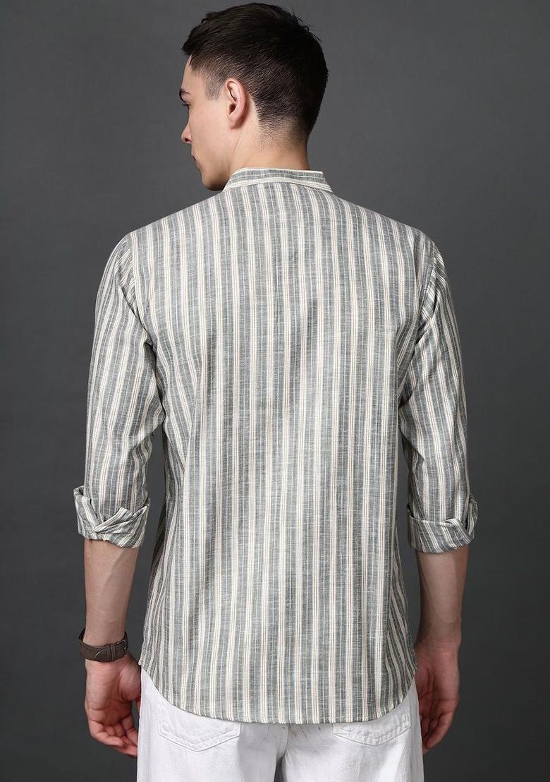 Grey Striped Cotton Kurta For Men - Indya