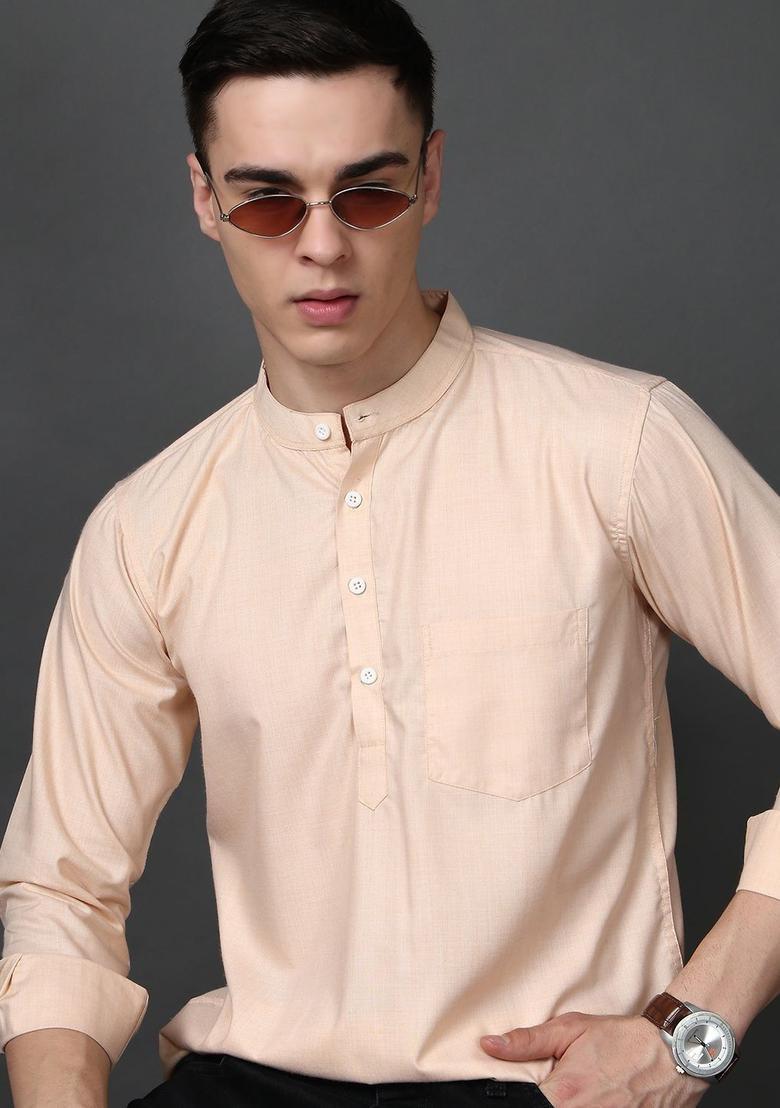 Peach Solid Cotton Kurta For Men - Indya