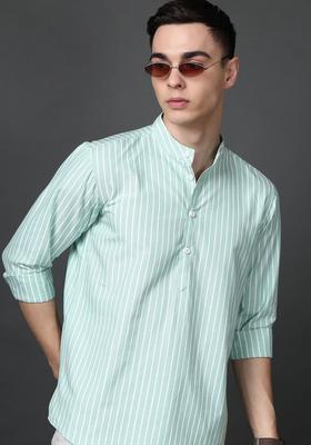 Green Striped Cotton Kurta For Men
