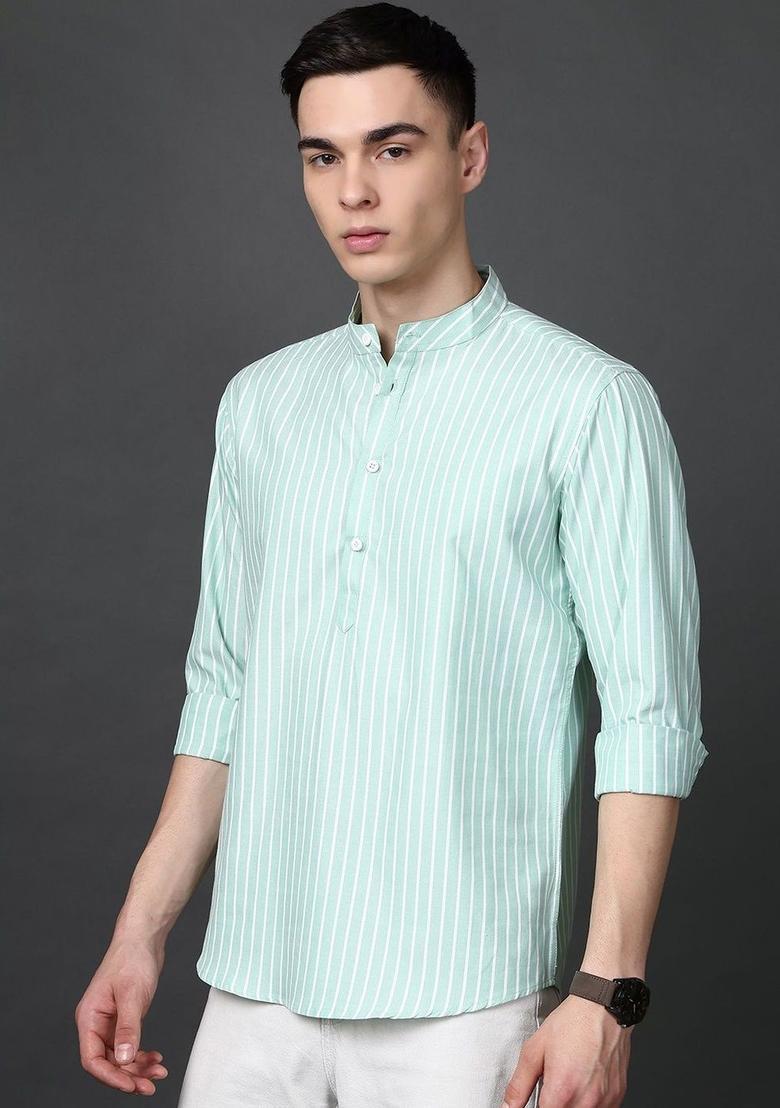 Green Striped Cotton Kurta For Men - Indya