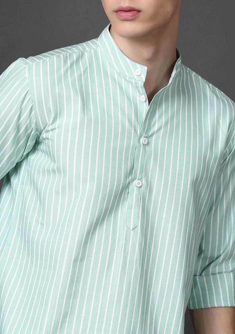Green Striped Cotton Kurta For Men - Indya