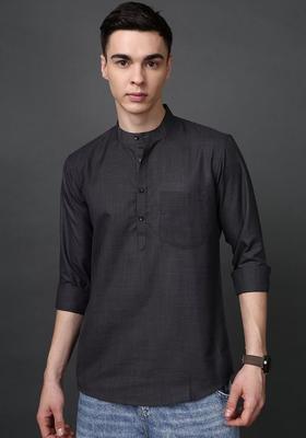 Grey Woven Design Cotton Kurta For Men
