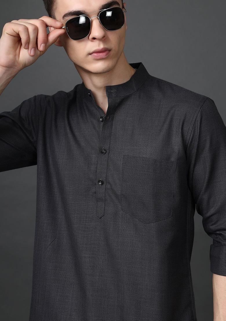 Grey Woven Design Cotton Kurta For Men - Indya