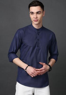 Blue Woven Design Cotton Kurta For Men