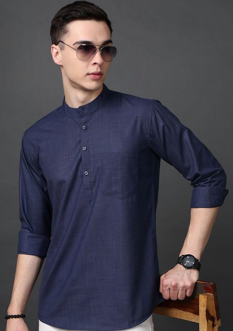 Blue Woven Design Cotton Kurta For Men - Indya