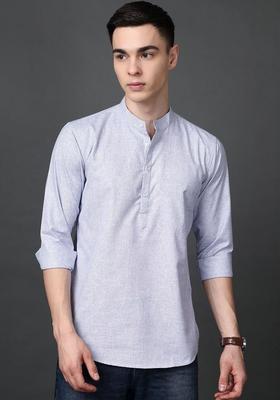 Blue Woven Design Cotton Kurta For Men