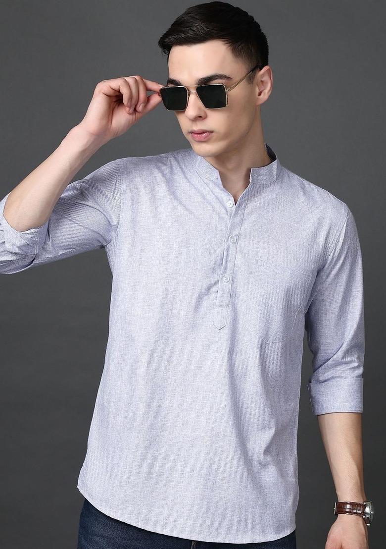 Blue Woven Design Cotton Kurta For Men - Indya