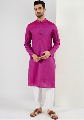 Pink Woven Design Cotton Kurta For Men