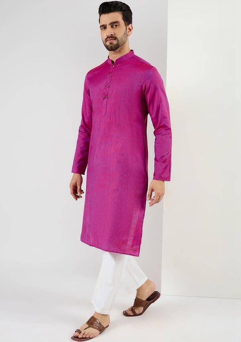 Pink Woven Design Cotton Kurta For Men - Indya