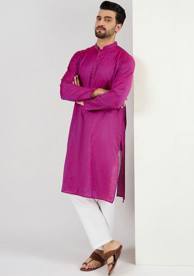 Pink Woven Design Cotton Kurta For Men - Indya
