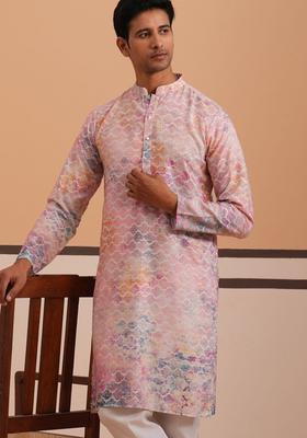 Peach Woven Design Cotton Kurta For Men