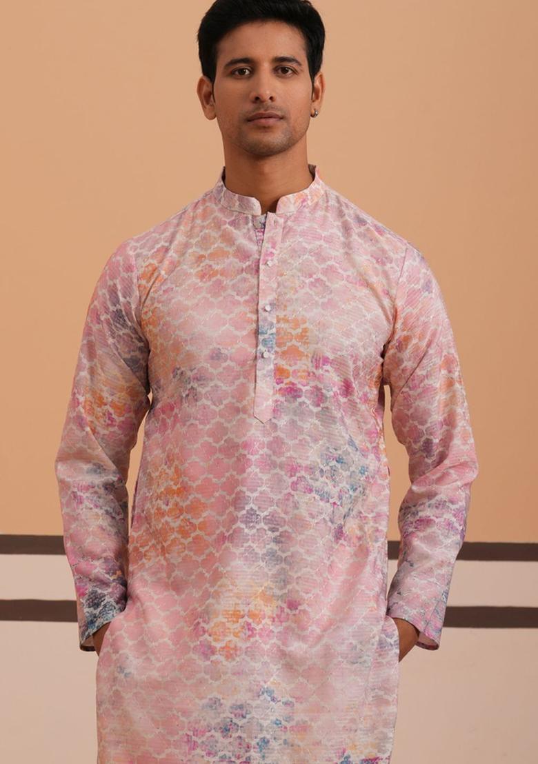 Peach Woven Design Cotton Kurta For Men - Indya