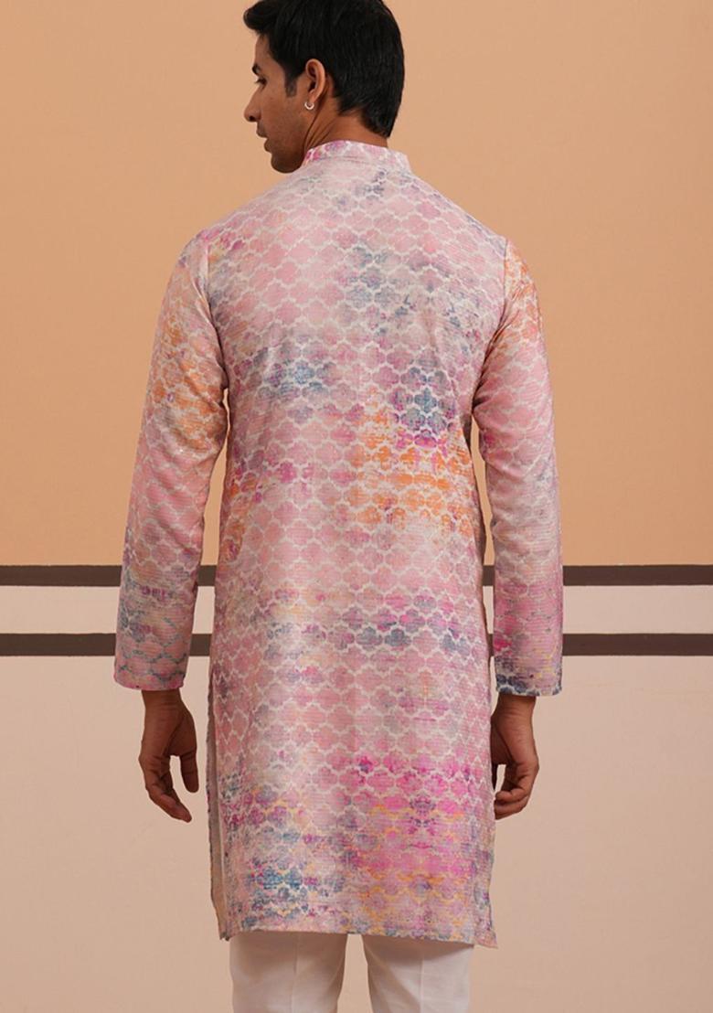 Peach Woven Design Cotton Kurta For Men - Indya