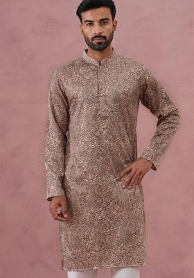 Beige Printed Silk Blend Kurta For Men