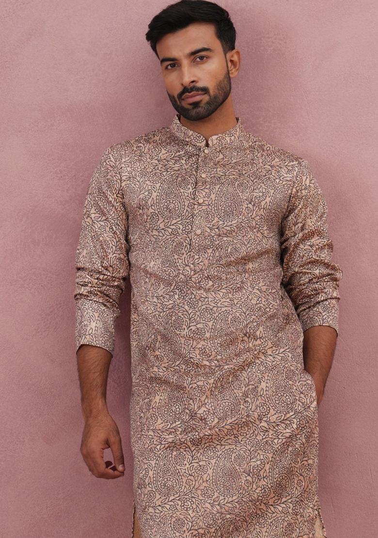 Beige Printed Silk Kurta For Men - Indya