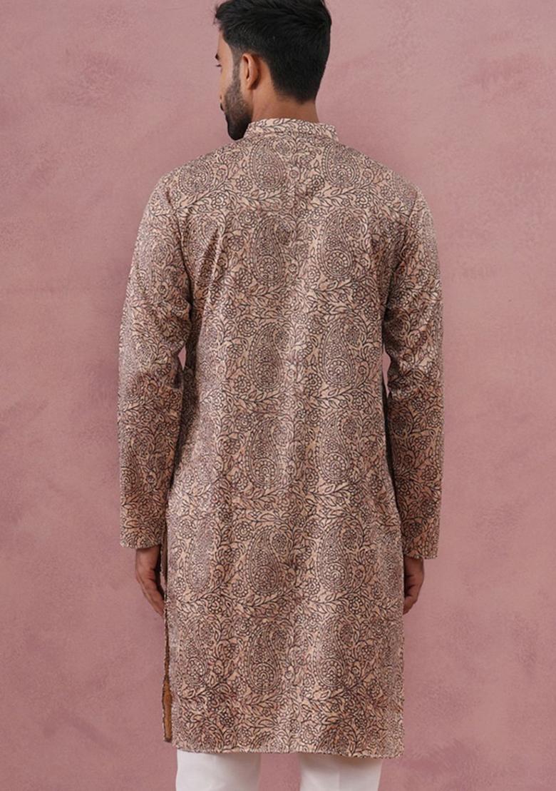 Beige Printed Silk Kurta For Men - Indya