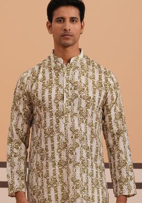 Olive Printed Cotton Kurta For Men