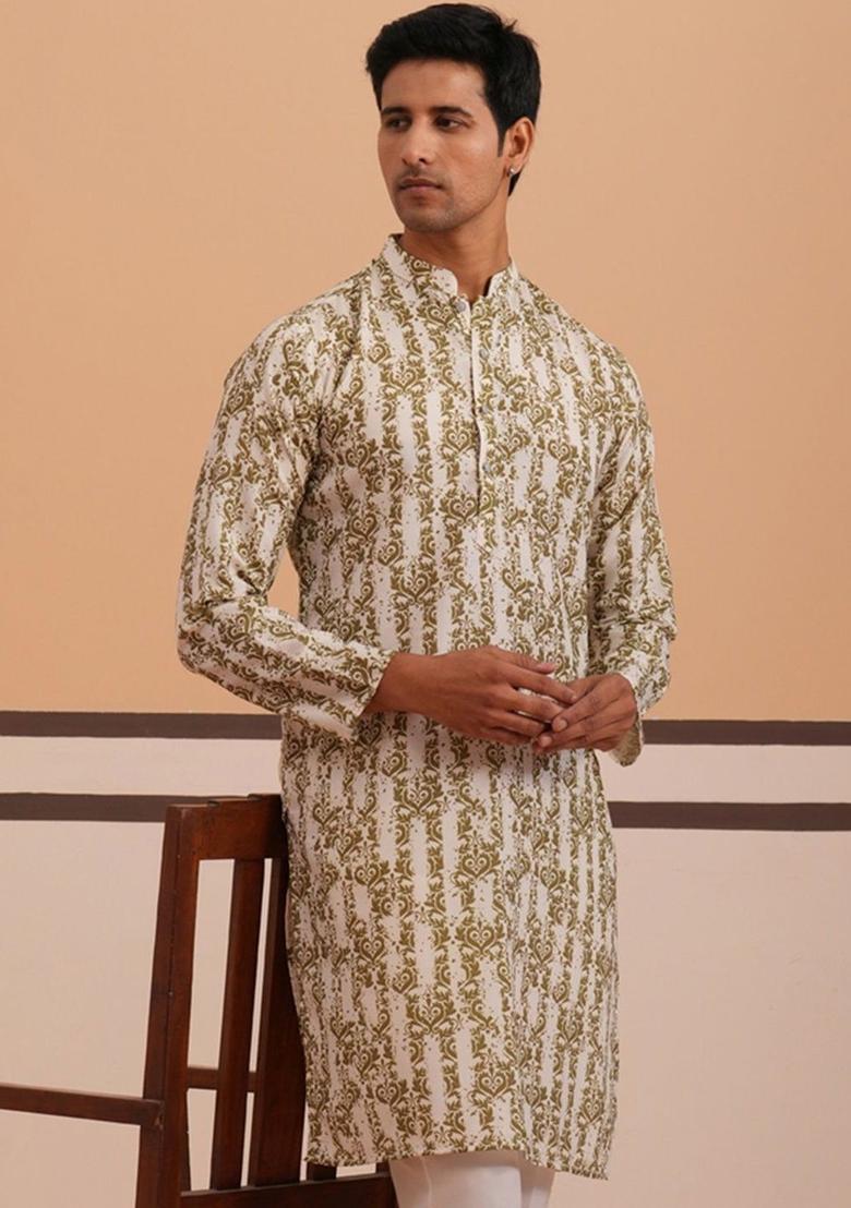 Olive Printed Cotton Kurta For Men - Indya