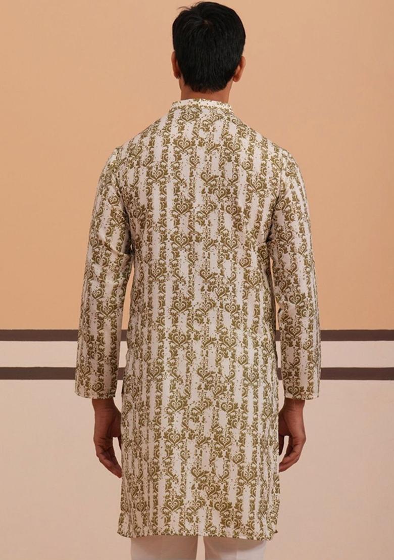 Olive Printed Cotton Kurta For Men - Indya