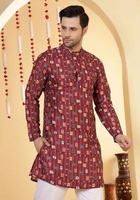 Maroon Printed Viscose Kurta For Men