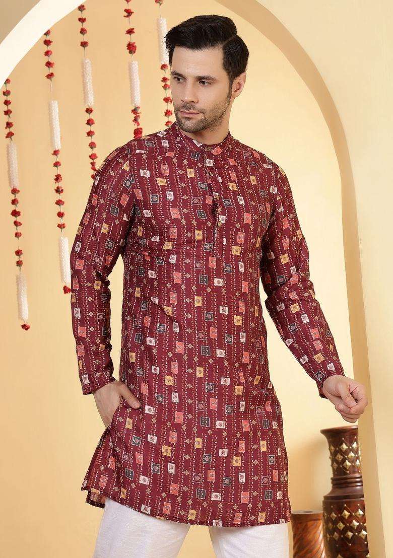 Maroon Printed Viscose Kurta For Men - Indya