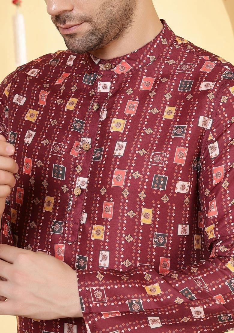 Maroon Printed Viscose Kurta For Men - Indya