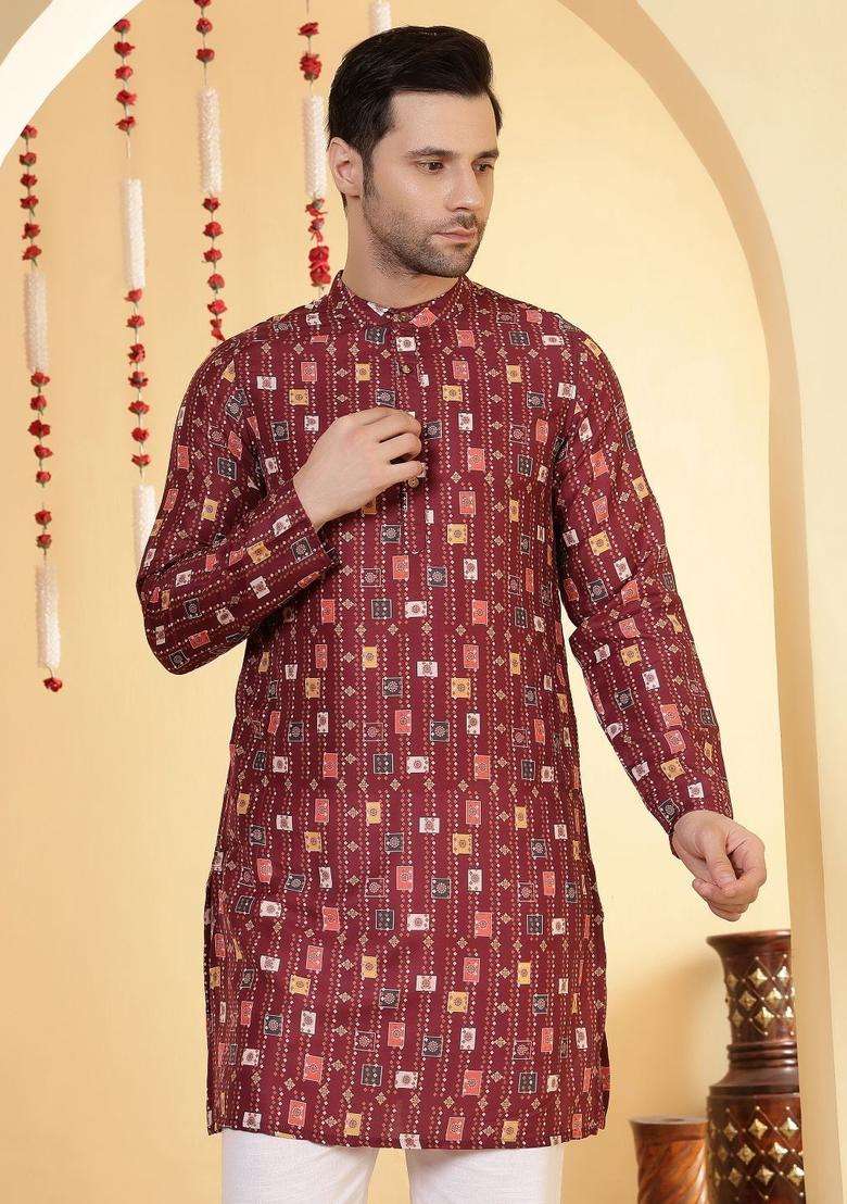 Maroon Printed Viscose Kurta For Men - Indya