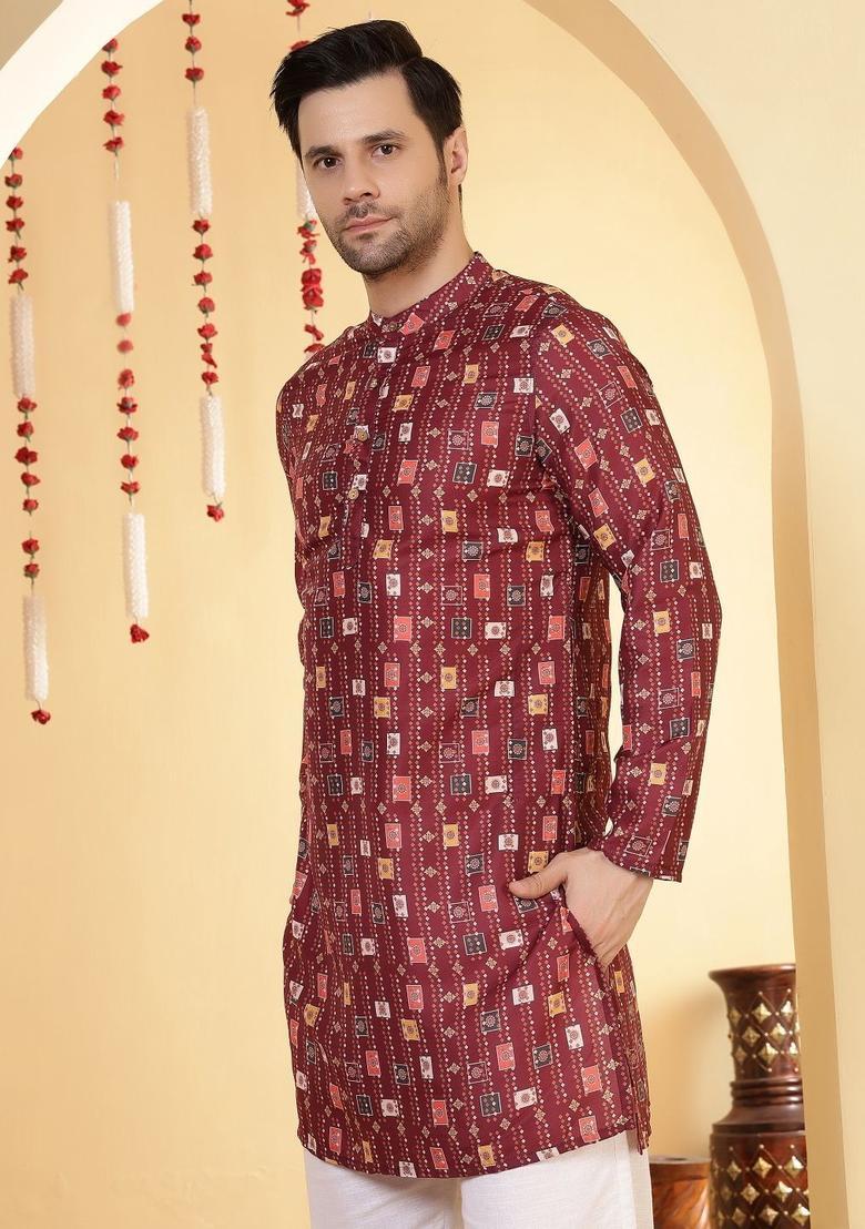Maroon Printed Viscose Kurta For Men - Indya