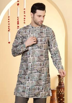 Grey Printed Viscose Kurta For Men
