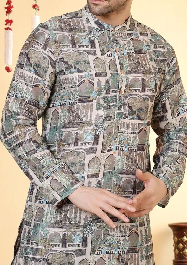Grey Printed Viscose Kurta For Men - Indya