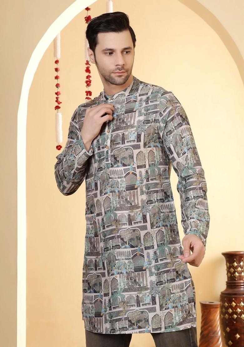 Grey Printed Viscose Kurta For Men - Indya