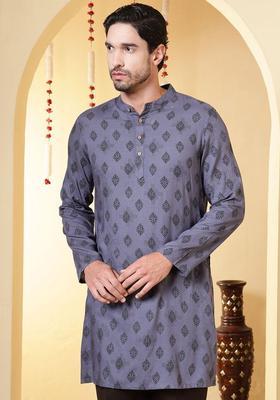 Grey Solid Viscose Kurta For Men