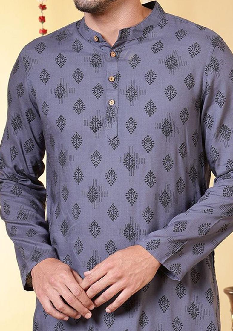 Grey Solid Viscose Kurta For Men - Indya