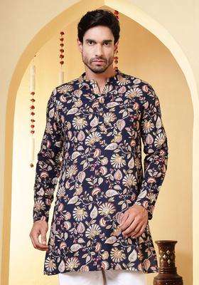 Blue Printed Viscose Kurta For Men
