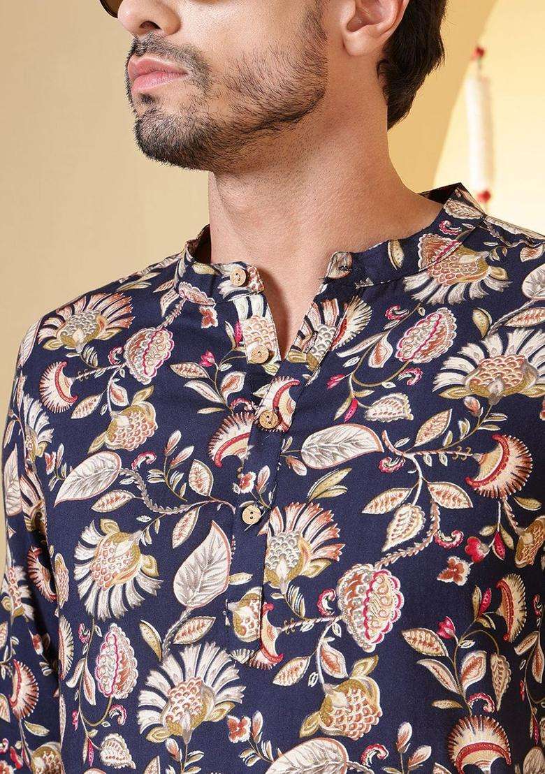 Blue Printed Viscose Kurta For Men - Indya