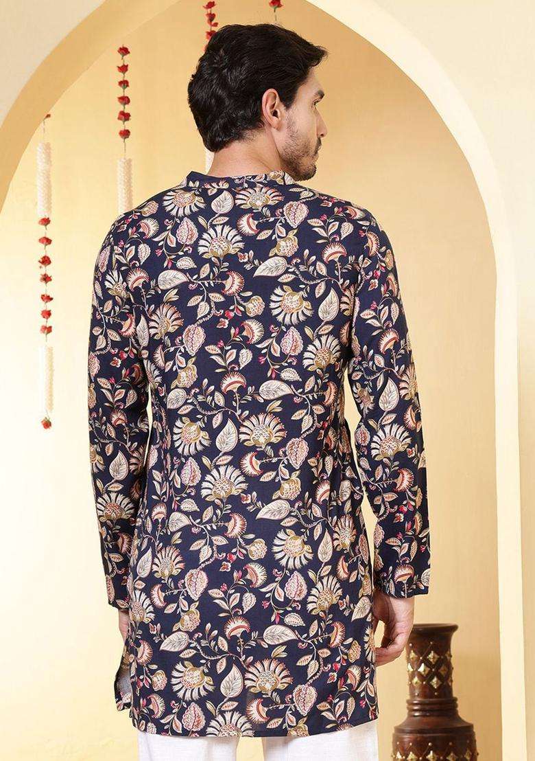 Blue Printed Viscose Kurta For Men - Indya